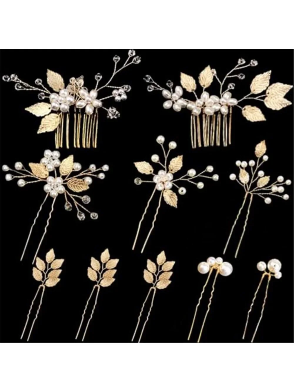 10 Pieces Gold Leaf Bridal Hair Pins Wedding Headpiece Hair Jewelry with Pearl